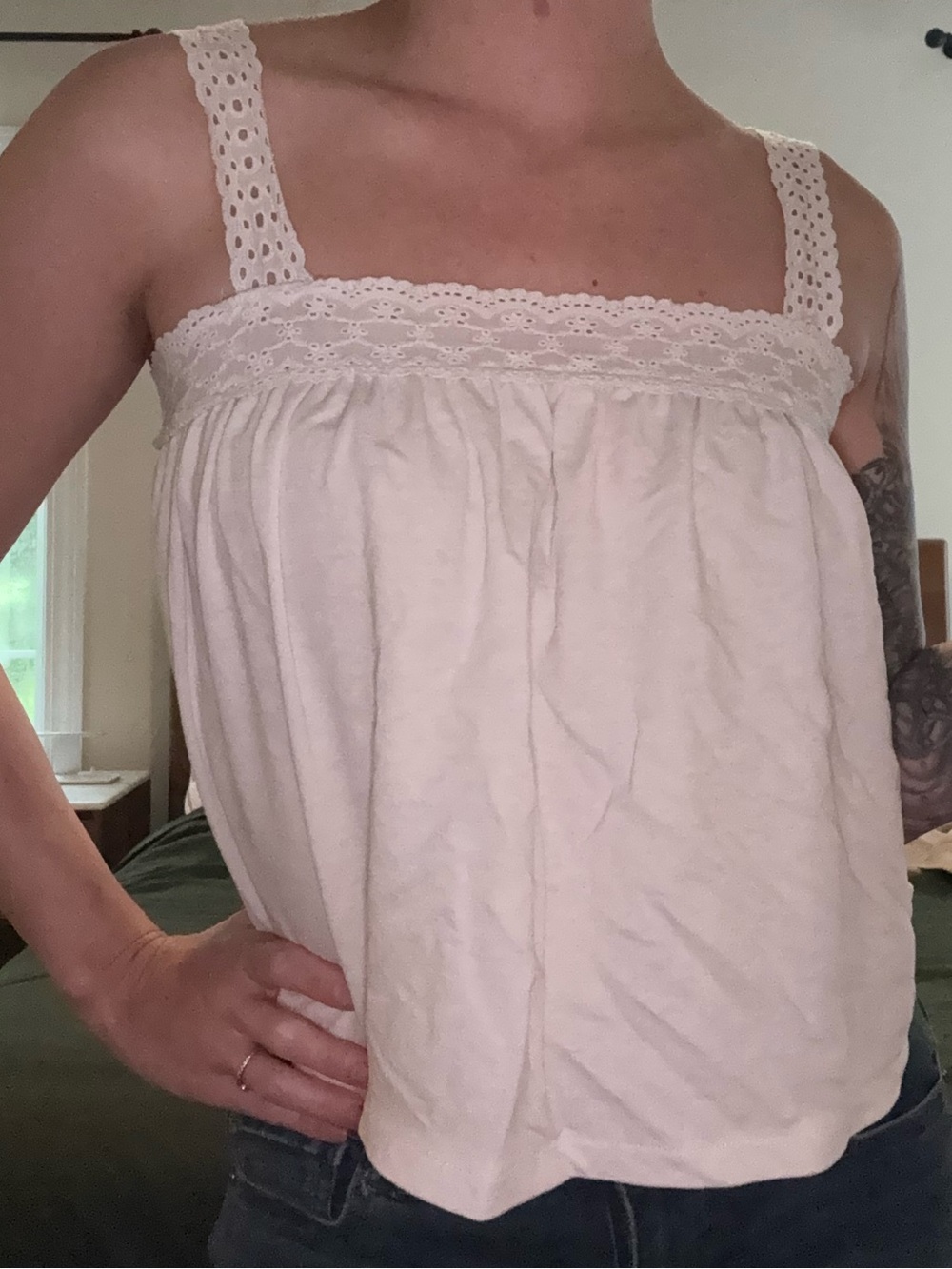Cozy Casual White Crochet-Trim Tank Top
